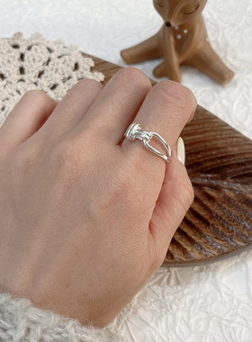 镂空绳结扣戒指女复古欧式简约S925镀银开口指环冷淡风个性食指戒
