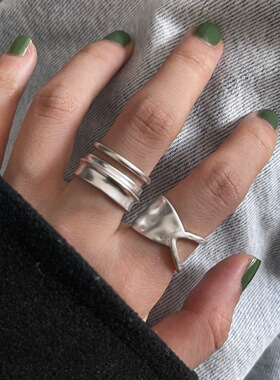 金属磨砂雾面镂空戒指女简约时尚个性S925镀银开口指环小众食指戒