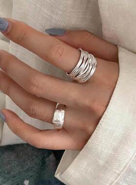 宽边几何线条缠绕戒指女磨砂雾面S925镀银开口指环个性创意食指戒