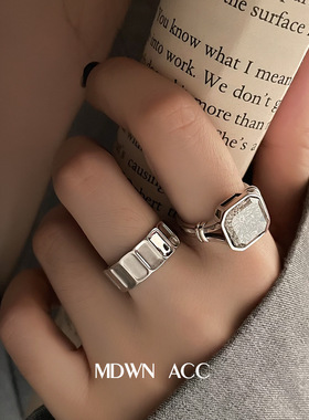 日韩S925镀银个性小众方形戒指女复古时尚气质几何开口食指戒潮