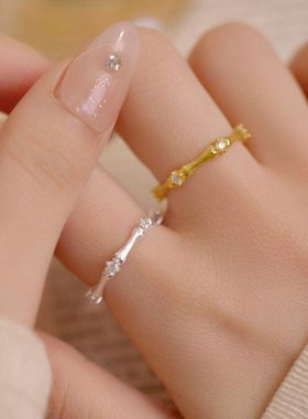 简约竹节戒指女新中式时尚百搭叠戴S925镀银开口指环ins食指戒潮