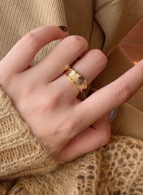 极简风褶皱戒指女几何不规则时尚个性S925镀银开口指环嘻哈食指戒