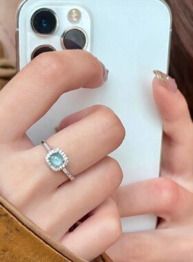 蓝色方形戒指女精致优雅百搭个性S925镀银开口指环清新时尚食指戒