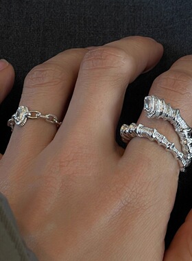 个性设计牛角包戒指女不规则时尚嘻哈朋克夸张重工开口指环食指戒