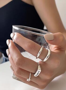 百搭字母线条双层戒指女复古时尚气质个性S925镀银开口指环食指戒