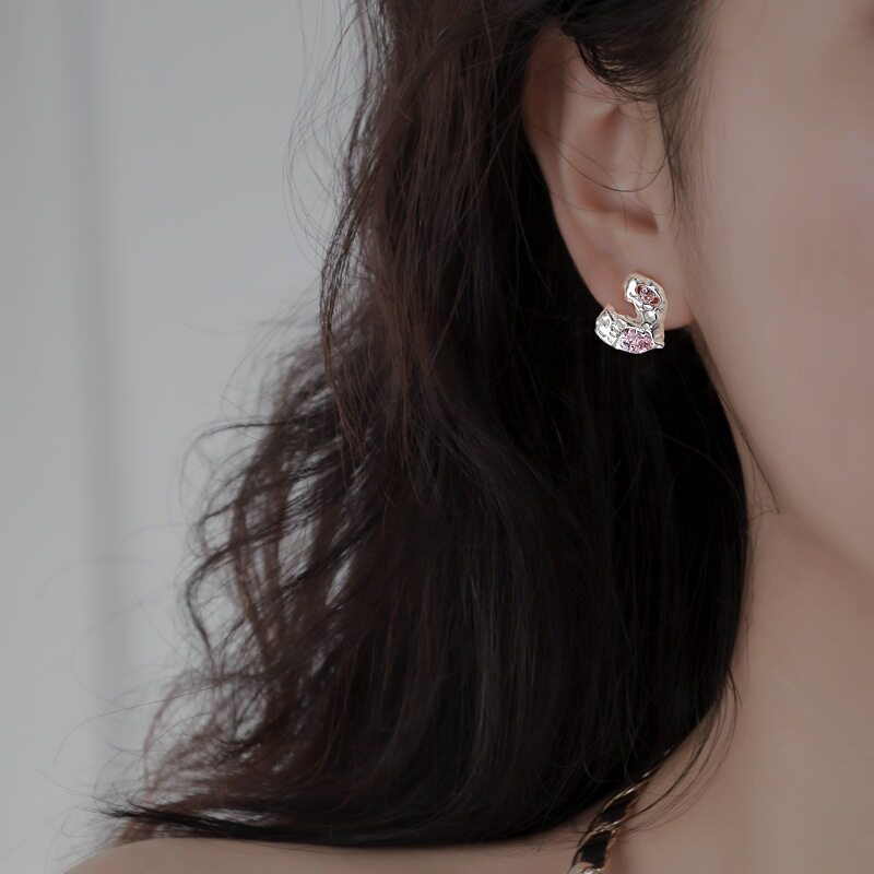 甜酷不规则爱心耳钉女韩版时尚简约S925镀银粉色桃心耳环ins耳饰