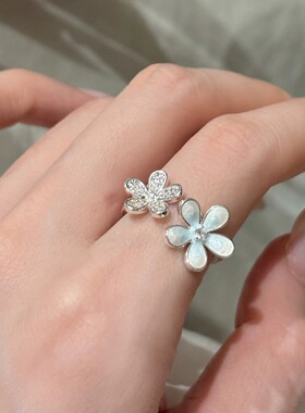 森系蓝色小花朵戒指女甜美时尚气质优雅开口指环高级感轻奢食指戒