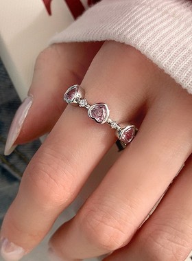 粉色爱心锆石戒指女法式复古小众桃心S925银开口指环网红食指戒潮