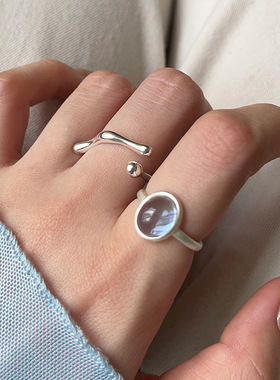 甜酷海蓝椭圆锆石戒指女简约时尚个性设计感S925镀银开口食指环潮