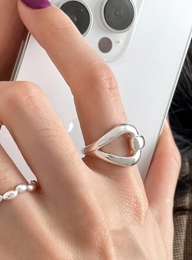 甜酷几何镂空戒指女米粒交错个性S925银开口指环叠戴百搭食指戒潮