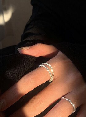 韩版S925镀银波光粼粼戒指女复古时尚优雅满天星食指戒气质创意指