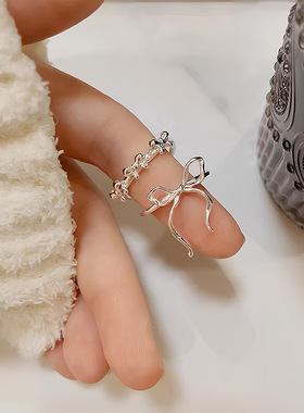 飘带蝴蝶结戒指女简约几何线条百搭叠戴开口指环ins风网红食指戒