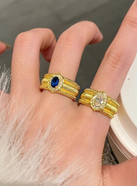 中古金色戒指女时尚轻奢精致彩色锆石S925镀银开口指环重工食指戒