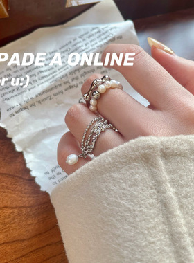 韩版S925镀银多层仿珍珠戒指女复古时尚流苏吊坠开口指环优雅食指