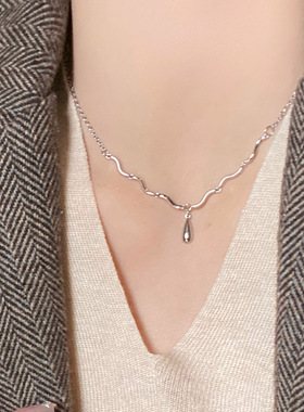 水波纹优雅项链女百搭水滴吊坠时尚S925镀银百搭锁骨链气质颈链潮