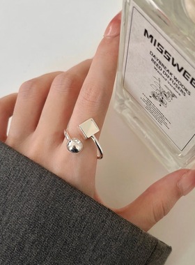 圆球方块戒指女几何不规则个性百搭S925银开口指环ins小众食指戒