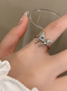 甜美立体蝴蝶戒指女简约时尚精致优雅S925镀银开口指环ins食指戒