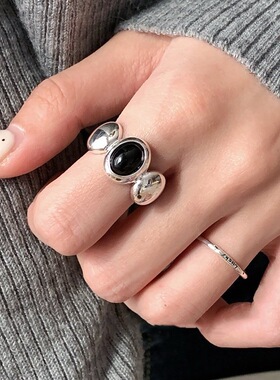 黑色椭圆锆石戒指女几何不规则时尚个性百搭S925镀银开口食指环潮