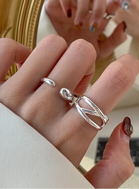 简约线条交叉戒指女个性时尚创意水滴S925银开口指环小众食指戒潮