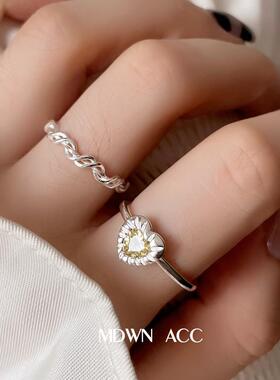 甜酷黄色爱心戒指女韩版线条缠绕麻花可叠戴开口指环气质食指戒潮