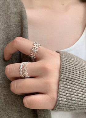 镂空拉丝花朵戒指女简约时尚气质优雅S925镀银开口指环小众食指戒