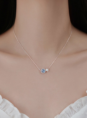 轻奢仿珍珠蓝色吊坠项链女简约时尚甜美百搭S925镀银锁骨链网红颈
