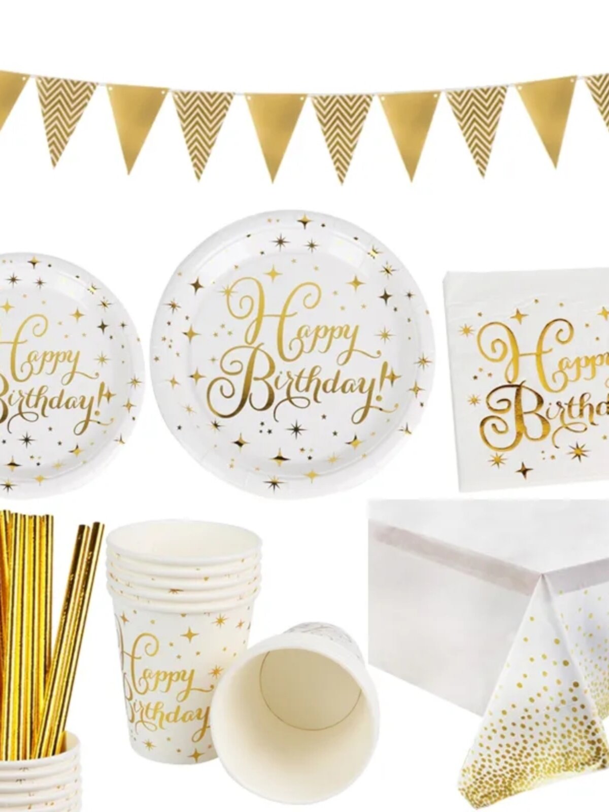 现货烫金happy birthday生日快乐派对一次性餐具盘子纸杯纸巾桌布