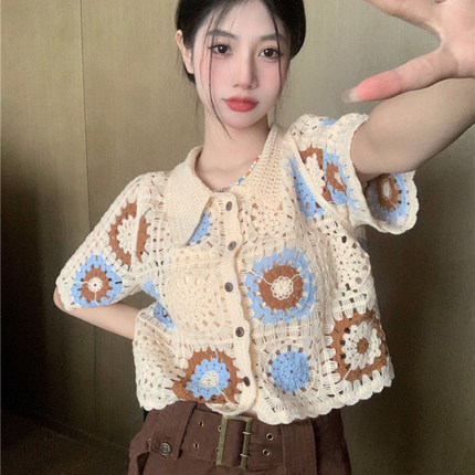 设计感小众短袖针织衬衫女2025早春宽松短款毛巾绣小清新甜美上衣
