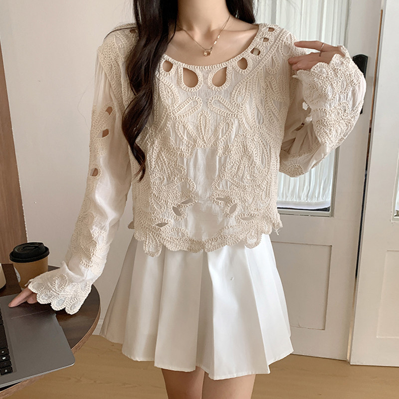 新款独特别致镂空仙女绝美上衣高级感小香风钩花蕾丝针织衬衫女装