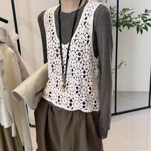 2025新款镂空钩花马甲背心叠穿纯棉夏季宽松针织无袖V领上衣女潮