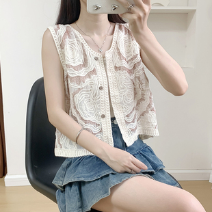 2026夏季新款棉重工绣花开衫马甲女款针织马甲上衣叠穿无袖短背心