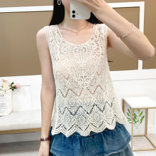 【孤品】夏季镂空钩花背心宽松百搭文艺法式吊带女套头无袖坎肩潮