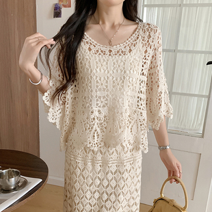 2026夏季新款波西米亚度假风勾花缕空五分袖套头针织罩衫女上衣潮