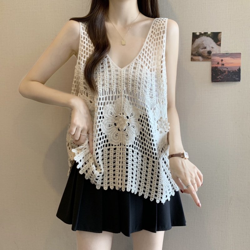 钩花花朵镂空针织衫V领吊带背心外穿女2026春夏叠穿罩衫无袖上衣
