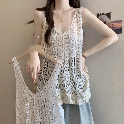 高级感钩花镂空吊带小背心女