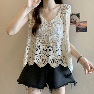 外搭叠穿镂空针织马甲女夏2025手工钩花镂空无袖上衣宽松V领背心