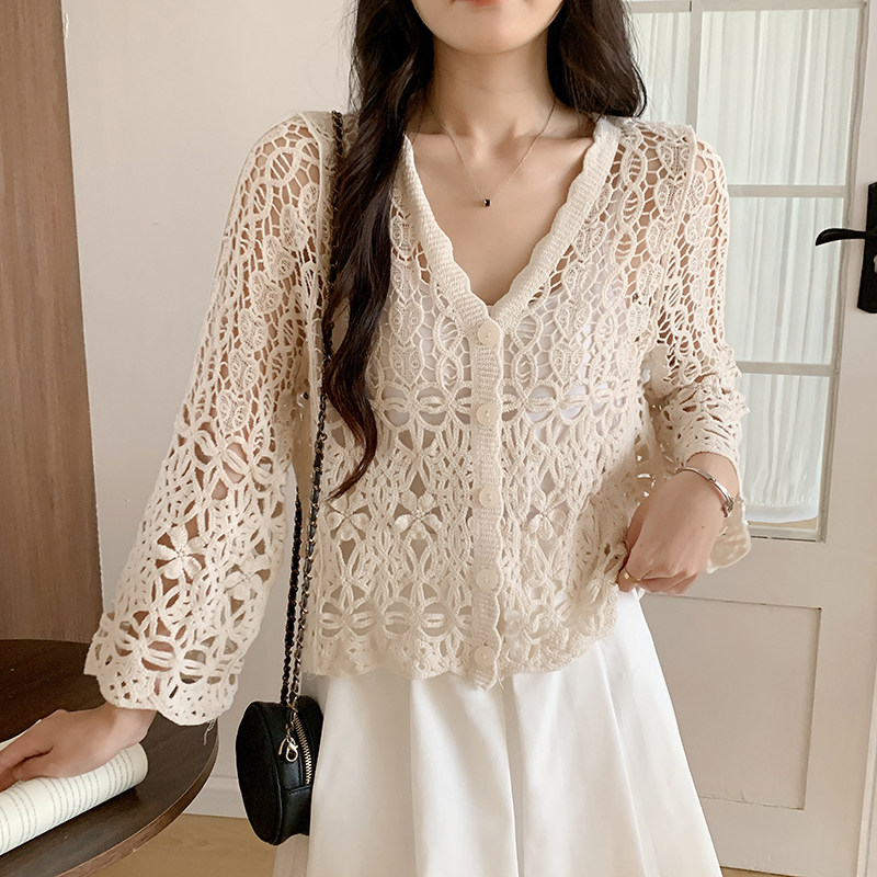 高级感钩花镂空v领针织开衫女夏季2025新款薄款上衣短款防晒罩衫