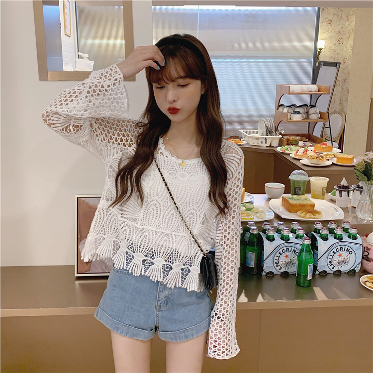 设计感小众镂空防晒短款针织衫女春夏季钩花镂空辣妹宽松长袖上衣