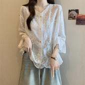 显瘦女装 法式 早秋2025新款 衬衫 防晒上衣 蕾丝针织镂空刺绣V领长袖