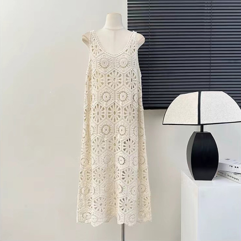 韩版新款镂空钩花背心连衣裙女夏季无袖坎肩叠穿罩衫外穿中长款薄