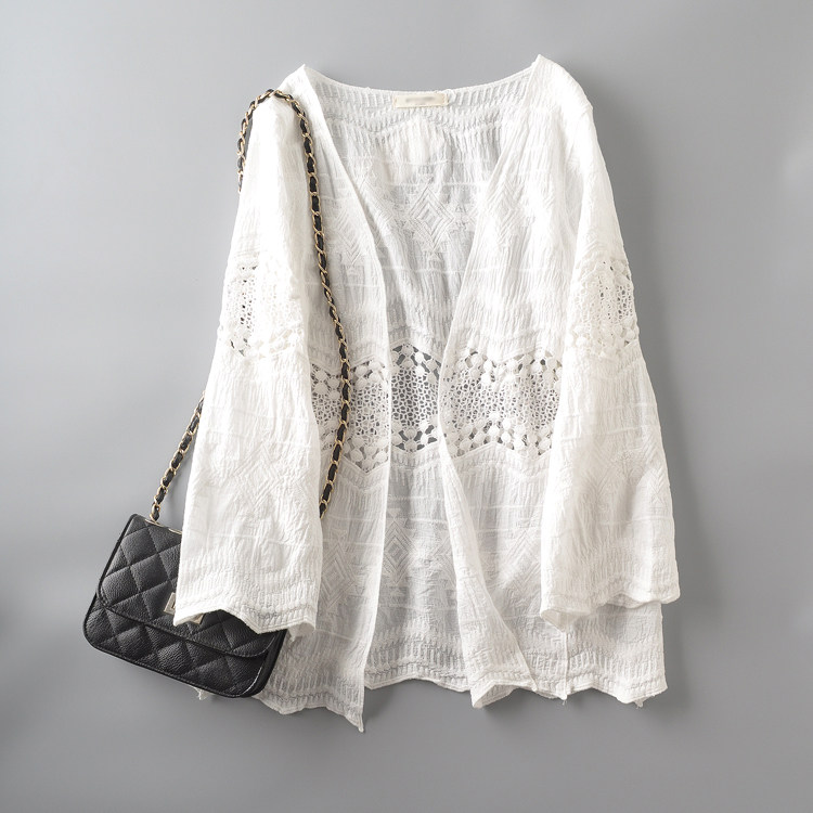 2025韩版春女镂空防晒上衣刺绣棉布中长款开衫女罩衫蕾丝夏薄外搭