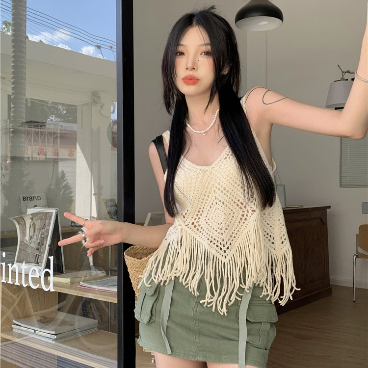 复古叠穿无袖坎肩镂空流苏小吊带