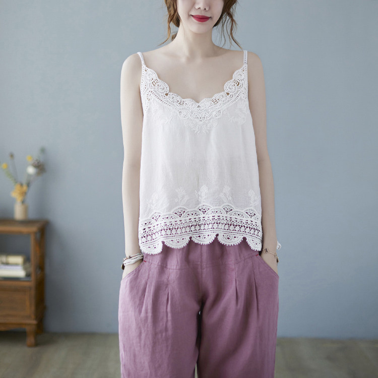 棉麻吊带白色小背心女2025夏季宽松气质镂空钩花内搭减龄百搭上衣