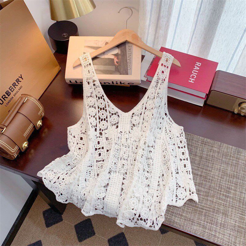 波西米亚风女装镂空针织吊带背心马甲宽松小众设计外穿无袖罩衫潮