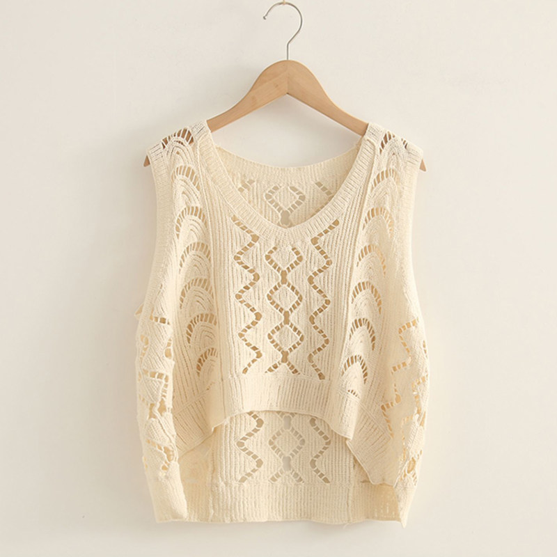 短款背心女夏季新款韩版学生V领无袖吊带针织衫甜美镂空马甲上衣
