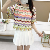 钩花镂空圆领冰丝短袖 彩虹条上衣女夏洋气复古流苏宽松显瘦蕾丝衫