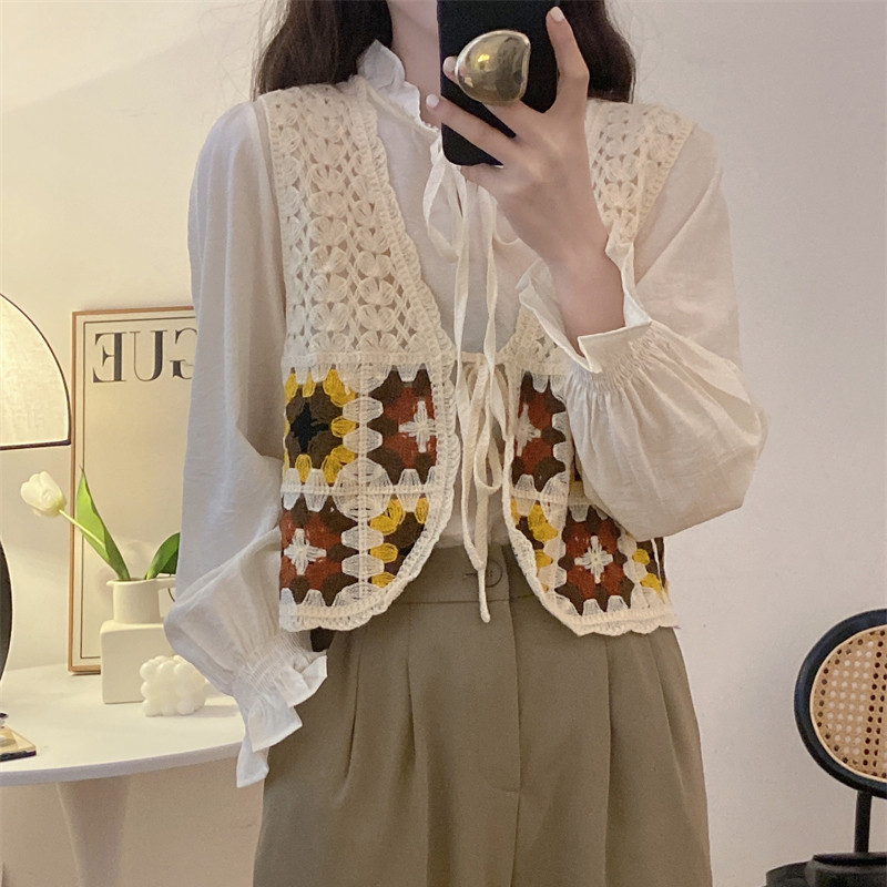 2025春夏法式小众针织马甲女系带宽松显瘦无袖毛巾绣短款背心上衣