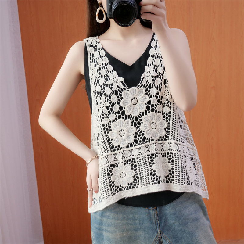 甜美钩花镂空蕾丝宽松吊带