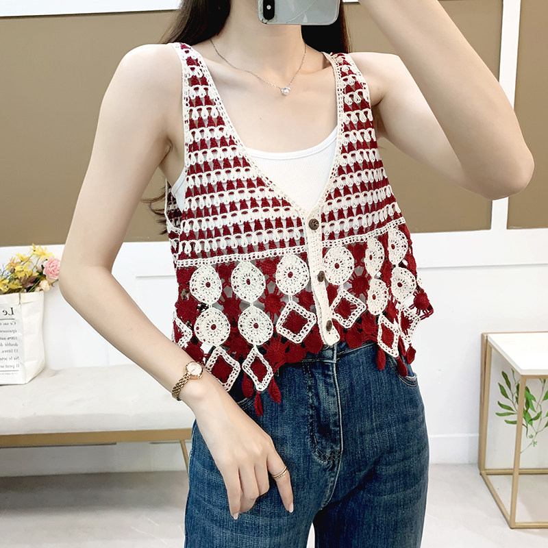 勾花镂空V领单排扣无袖针织流苏马甲女夏韩版短款叠穿外搭背心潮