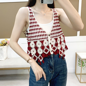 短款 勾花镂空V领单排扣无袖 针织流苏马甲女夏韩版 叠穿外搭背心潮
